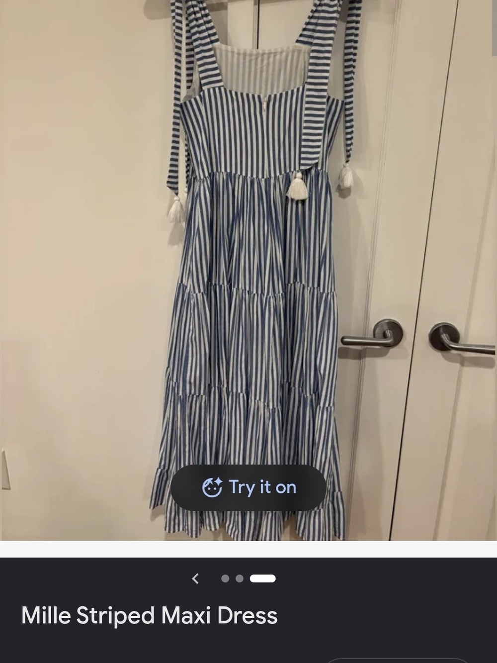 MILLE -100% COTTON Striped Blue and White Tie-Shoulder Maxi Dress